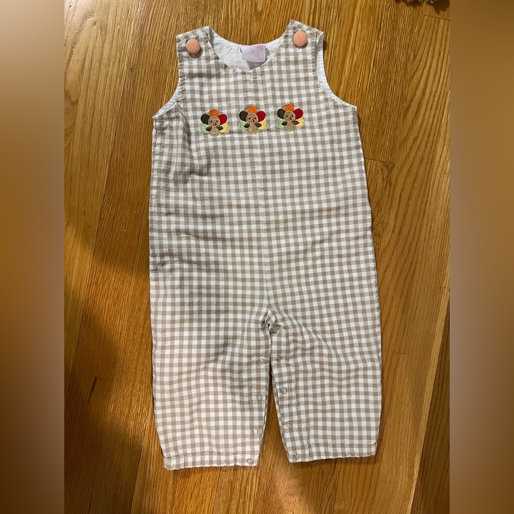 Charming Thanksgiving Checkered Overalls with Embroidered Details